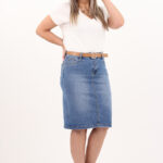 Spódnica jeansowa plus size midi z paskiem