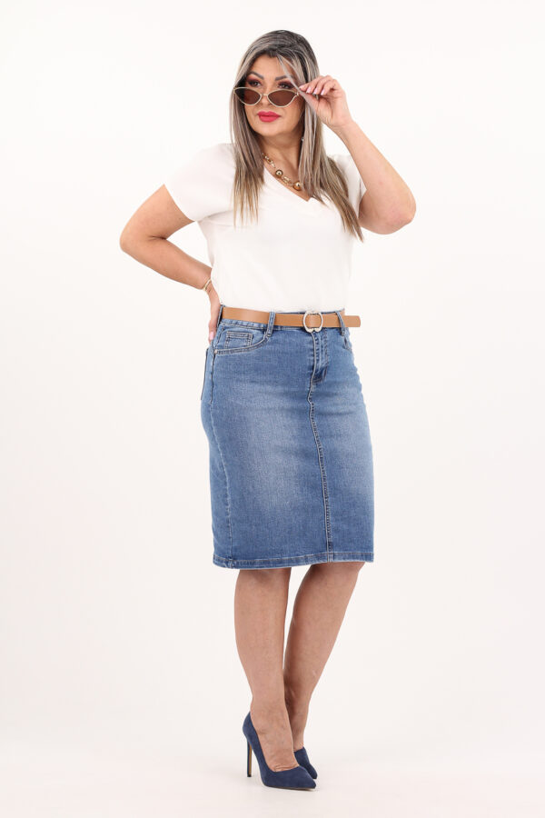 Spódnica jeansowa plus size midi z paskiem
