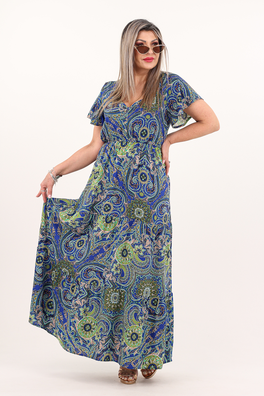 Wzorzysta sukienka na lato maxi chabrowa