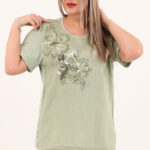 Zielona bawełniana bluzka z kwiatami 3d