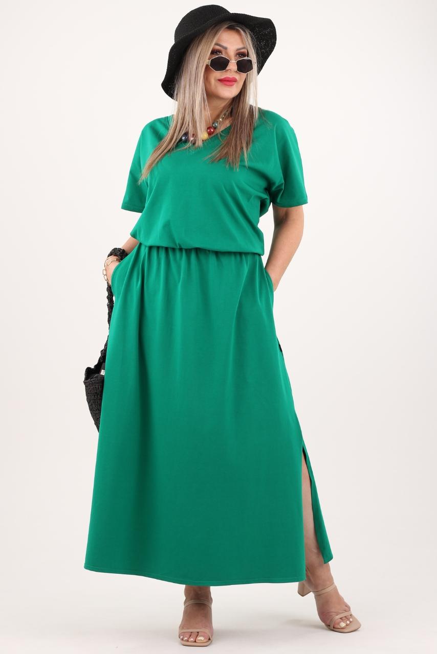 Zielona bawełniana sukienka maxi z rozcięciami po bokach