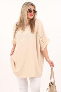 beżowa bluzka z koronkowym rękawem
