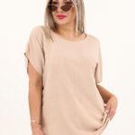 Beżowa gładka bluzka z krótkim rękawem