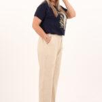 Beżowe długie przewiewne spodnie na lato a'la lniane