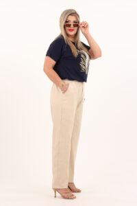 Beżowe długie przewiewne spodnie na lato a'la lniane