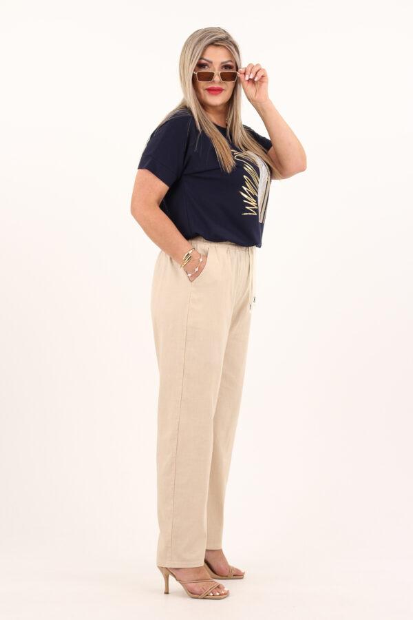 Beżowe długie przewiewne spodnie na lato a'la lniane