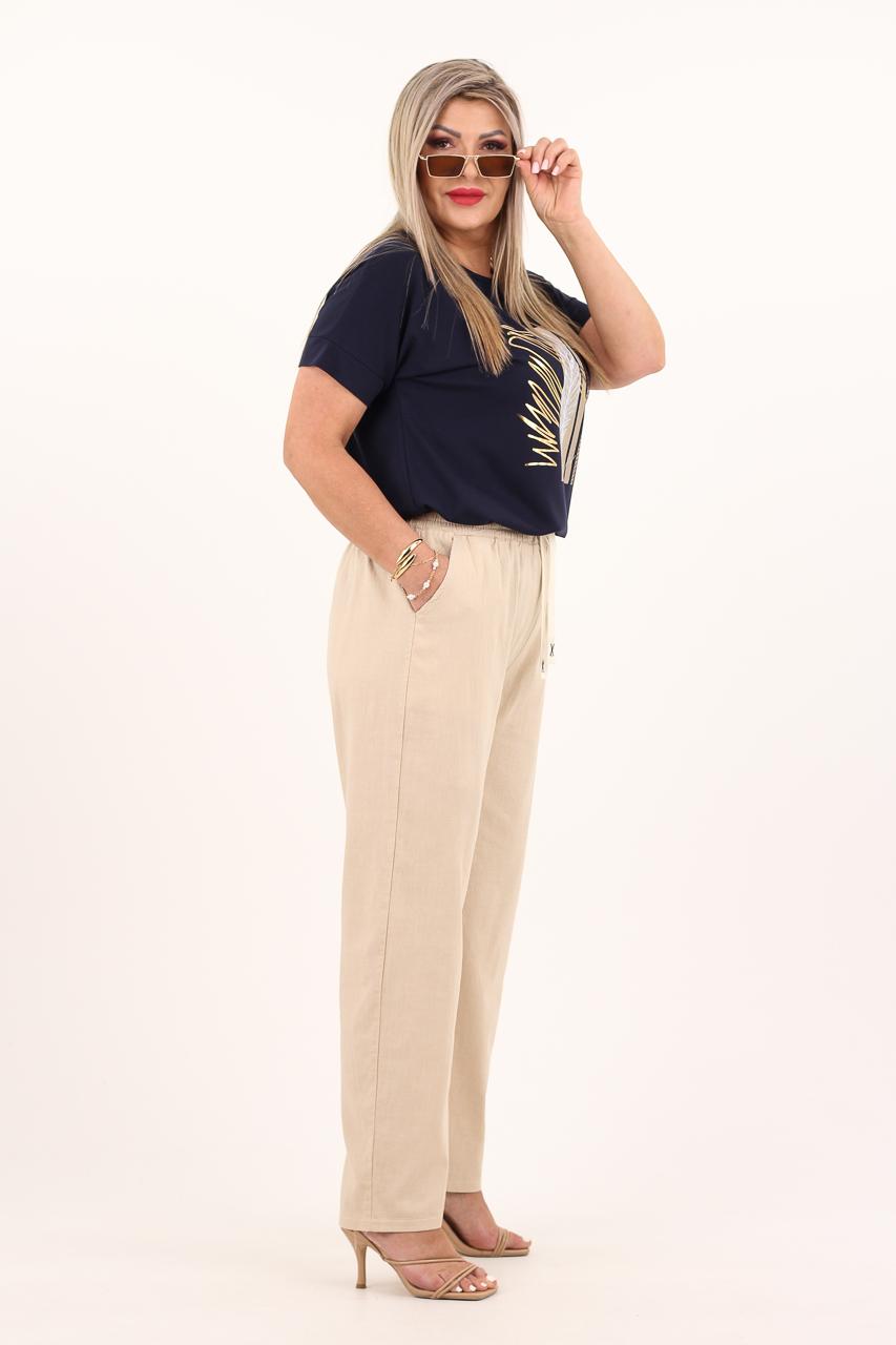 Beżowe długie przewiewne spodnie na lato a'la lniane