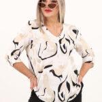 Beżowo-czarna bluzka z dekoltem V