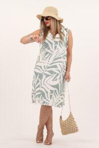 Miętowo-biała lniana sukienka letnia