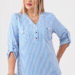 Bluzka damska XXL biało-niebieska w paski – moda dla puszystych