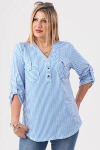Bluzka damska XXL biało-niebieska w paski – moda dla puszystych