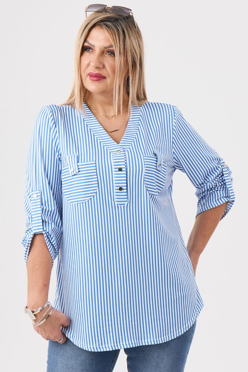 Bluzka damska XXL biało-niebieska w paski – moda dla puszystych