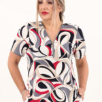 Czerwono-szara bluzka z zamkiem przy dekolcie