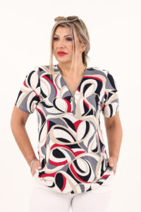 Czerwono-szara bluzka z zamkiem przy dekolcie