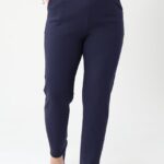 Eleganckie spodnie ze złotą klamrą granatowe