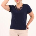 Granatowa bluzka z przezroczystym dekoltem