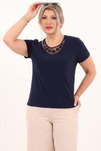 Granatowa bluzka z przezroczystym dekoltem