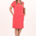 Koralowa prosta letnia sukienka z kieszeniami