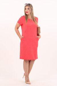 Koralowa prosta letnia sukienka z kieszeniami