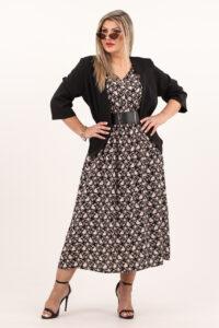 Kwiecista czarna sukienka z guzikami z przodu