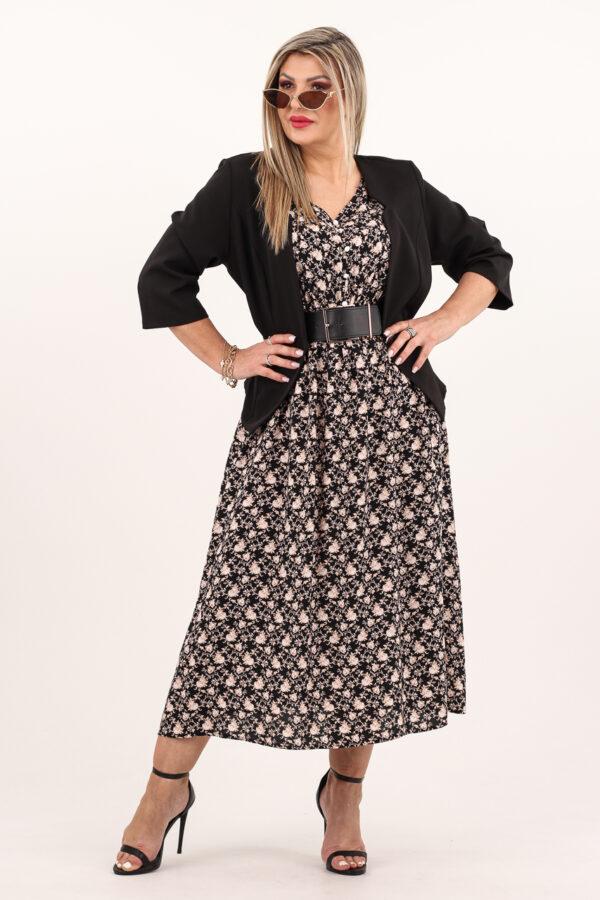 Kwiecista czarna sukienka z guzikami z przodu
