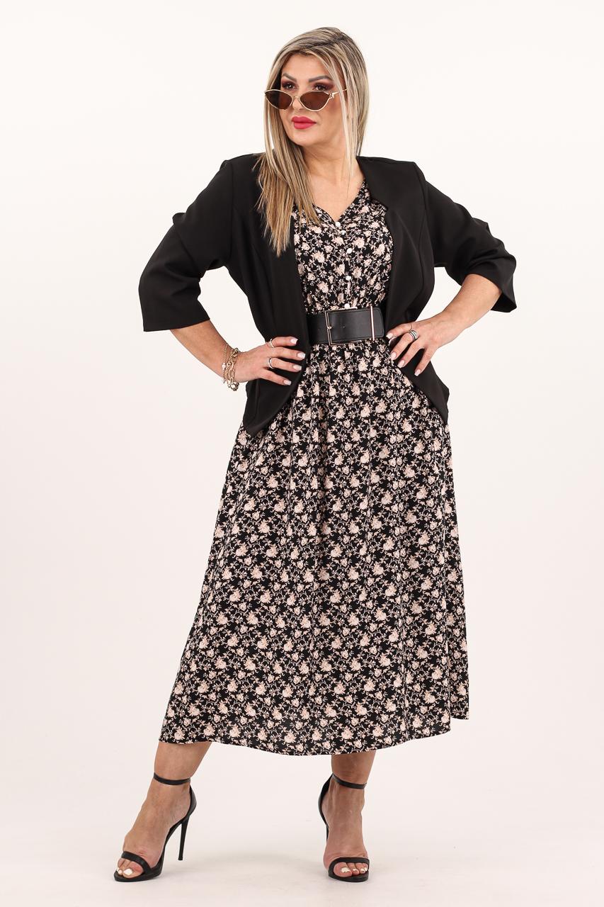 Kwiecista czarna sukienka z guzikami z przodu