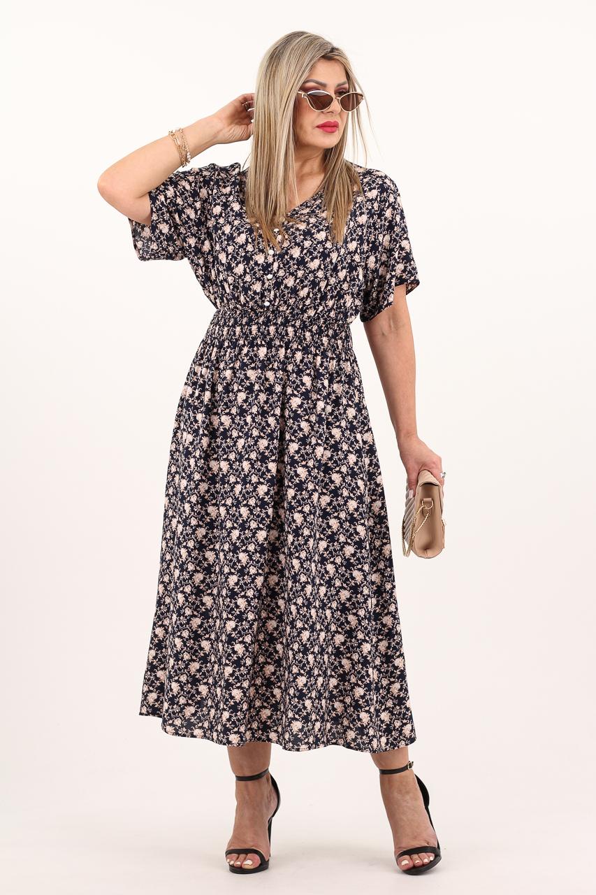 granatowa sukienka z guzikami z przodu