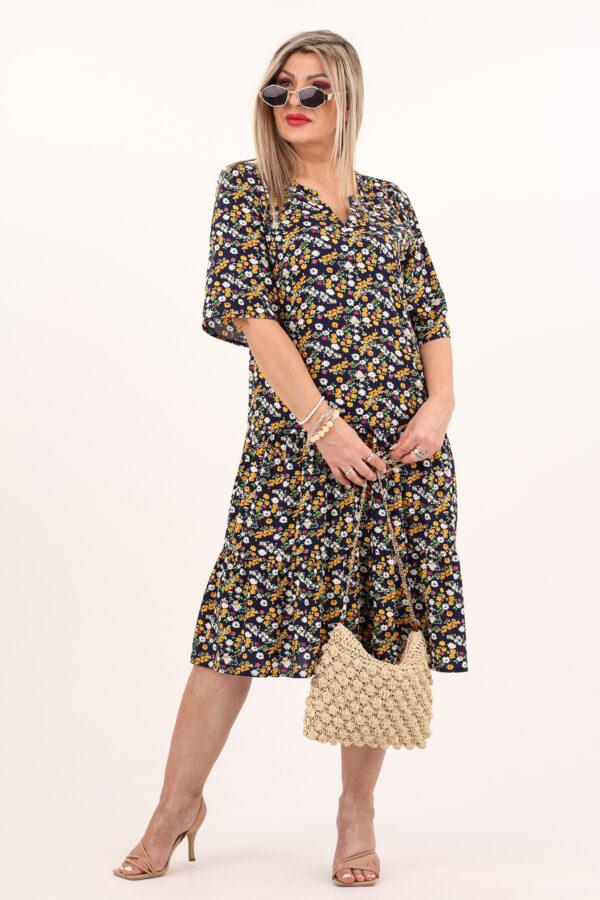 Kwiecista sukienka z falbanami czarno-żółta