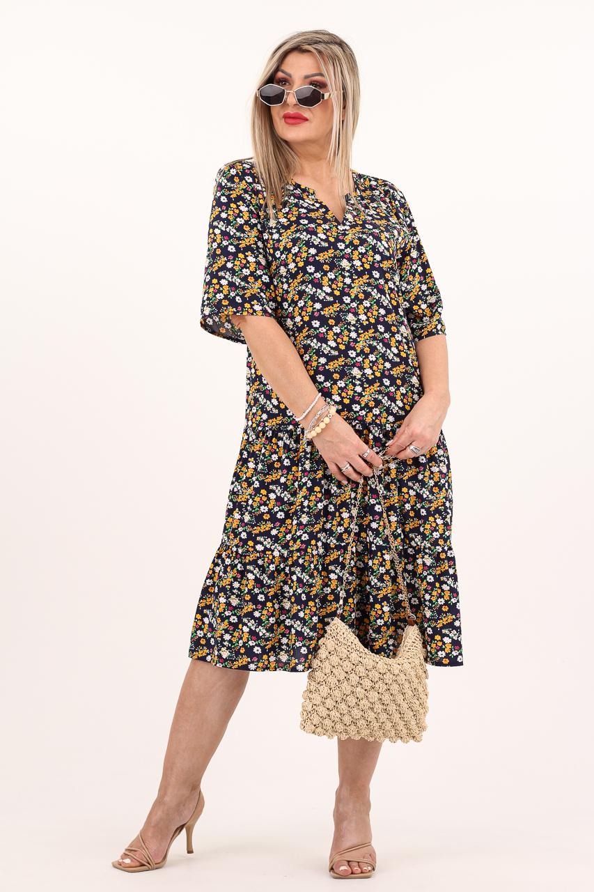 Kwiecista sukienka z falbanami czarno-żółta
