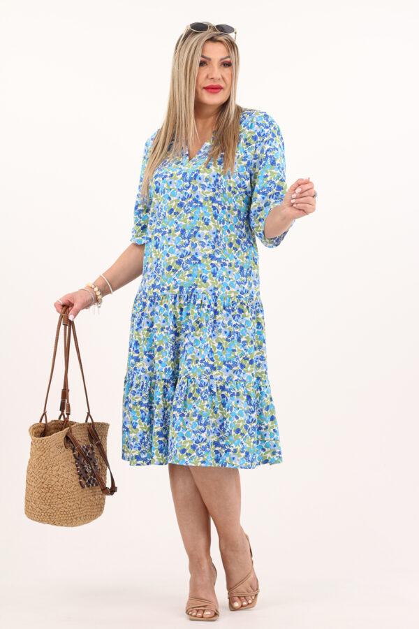 Kwiecista sukienka z falbanami niebiesko-zielona