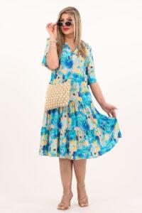 Kwiecista sukienka z falbanami niebiesko-żółta
