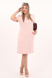 Pudrowa prosta letnia sukienka z kieszeniami