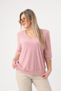 Różowa elegancka bluzka damska plus size z cyrkoniami 42-50