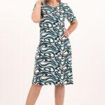 sukienka na lato prosta w czarno-zielony falisty wzór