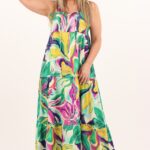 Wzorzysta zielona sukienka maxi na szerokich ramiączkach