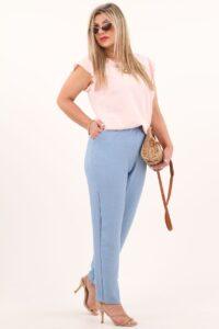 lniane spodnie z wysokim stanem niebieskie