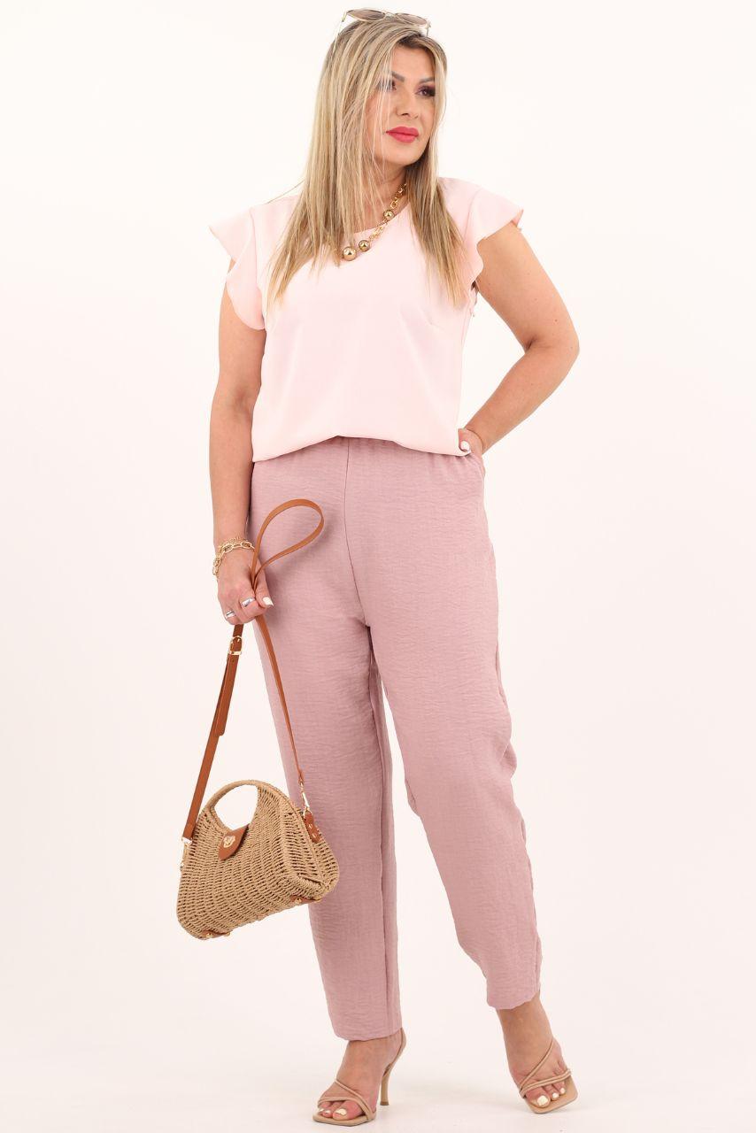 A'la lniane spodnie z wysokim stanem różowe