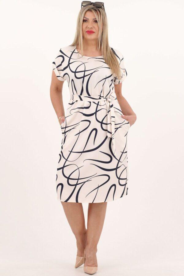 Beżowo-granatowa elegancka sukienka z kieszeniami