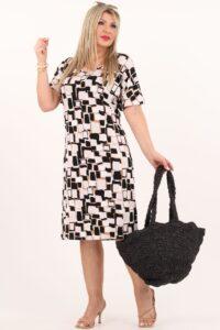 Beżowo-czarna sukienka damska w geometryczne wzory