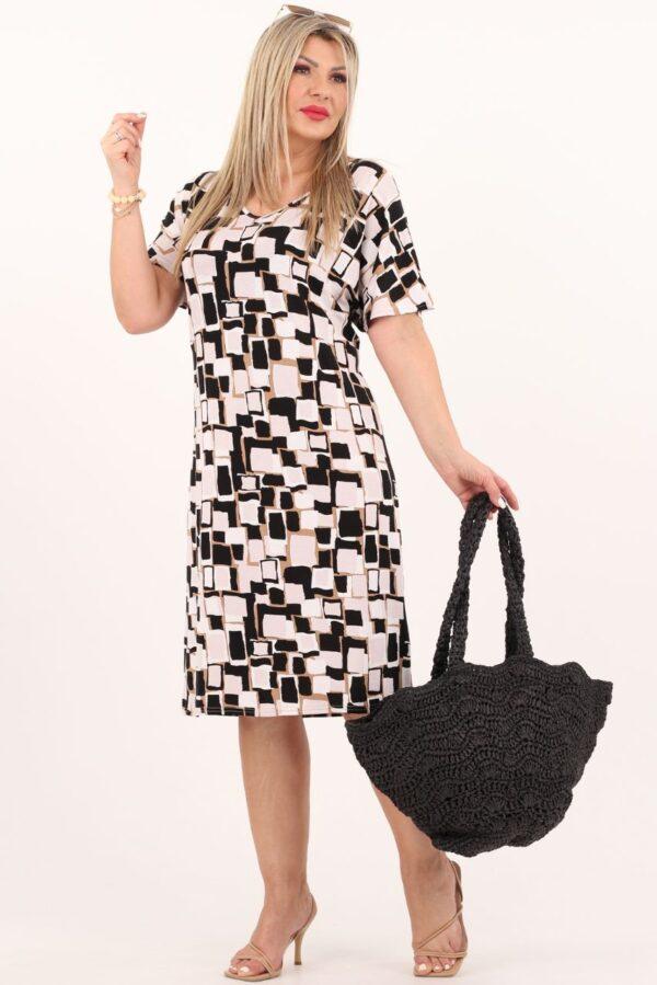 Beżowo-czarna sukienka damska w geometryczne wzory
