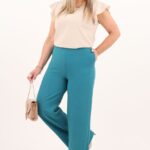 Turkusowe spodnie damskie z szeroką nogawką