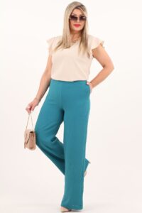 Turkusowe spodnie damskie z szeroką nogawką