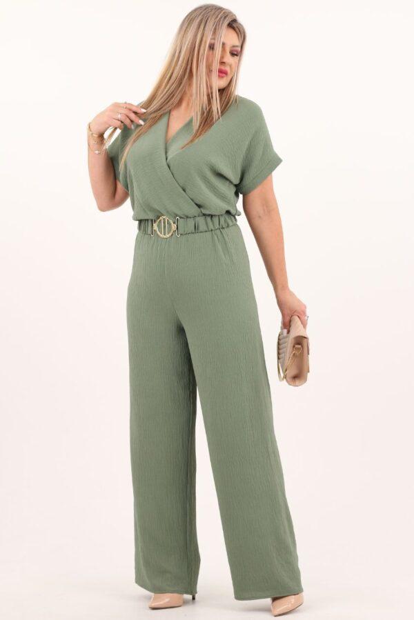 Zielony kombinezon damski z szerokimi nogawkami