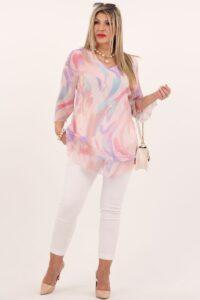 Zwiewna szyfonowa tunika beżowa w kolorowe wzory