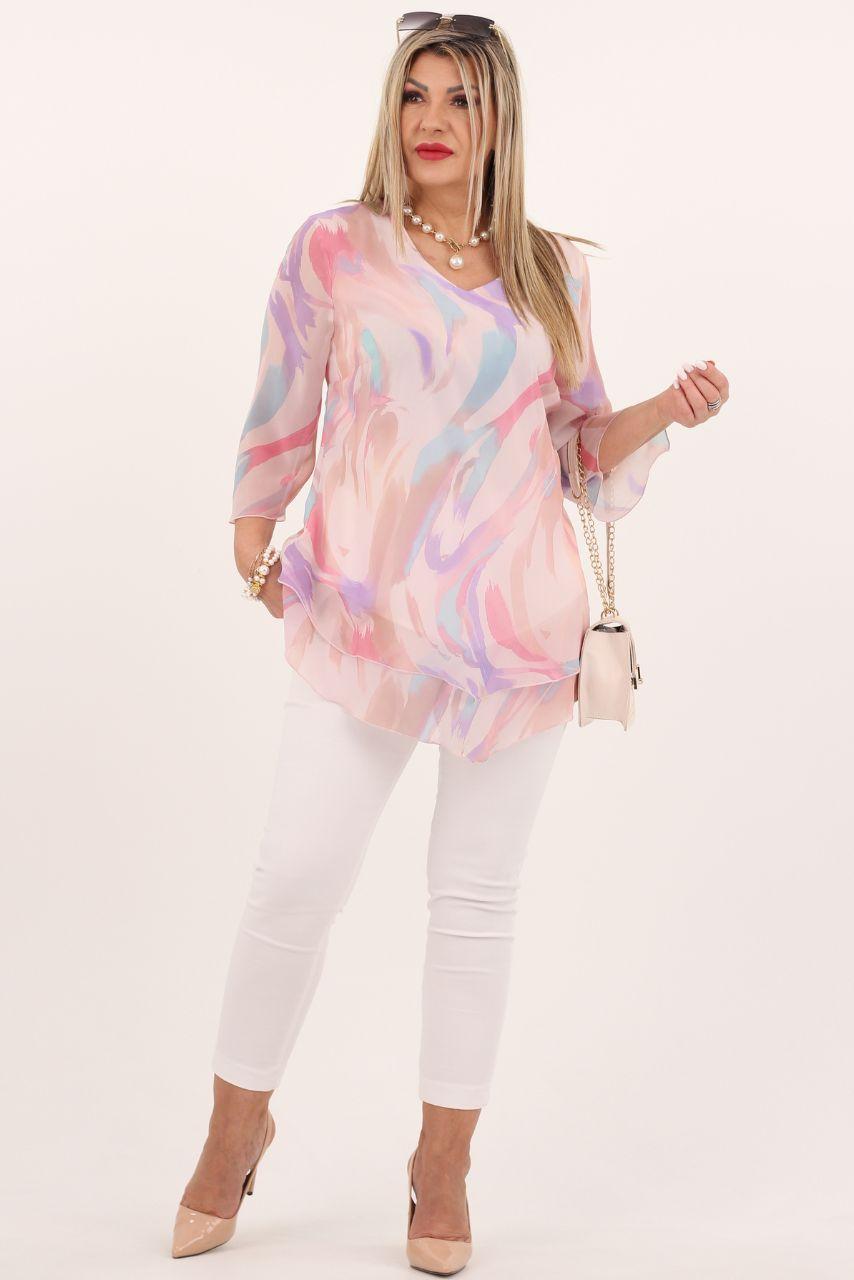 Zwiewna szyfonowa tunika beżowa w kolorowe wzory