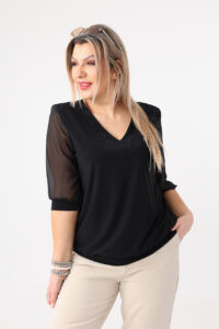 Czarna elegancka bluzka damska plus size z cyrkoniami 42-50