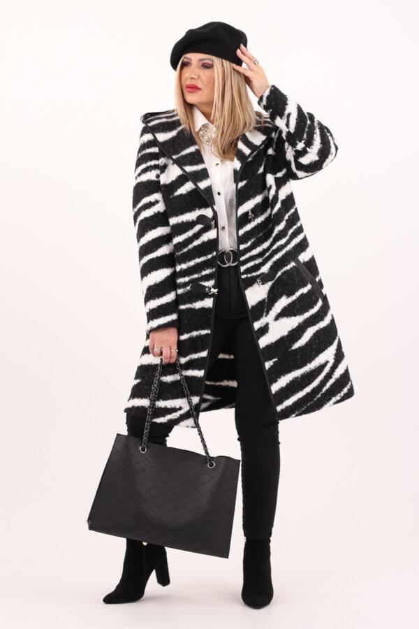Płaszcz przejściowy damski z kapturem w zebrę