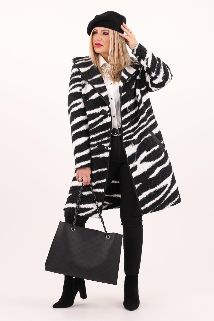 Płaszcz przejściowy damski z kapturem w zebrę