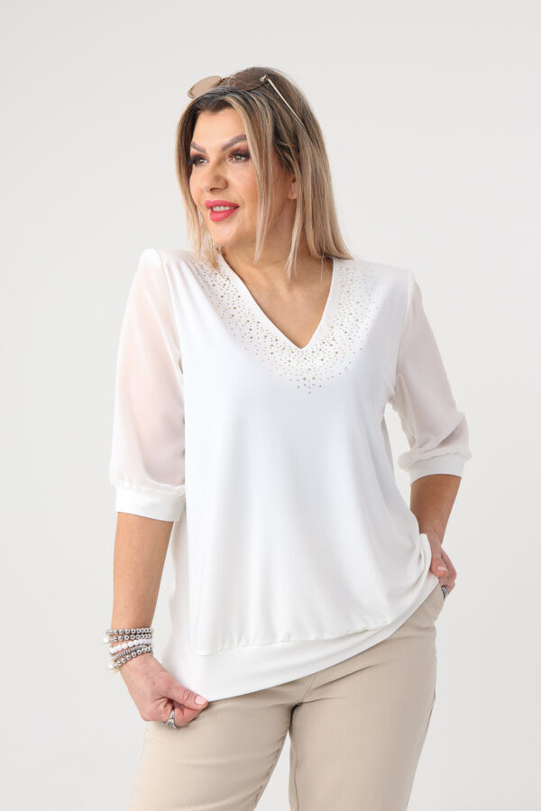 Biała elegancka bluzka damska plus size z cyrkoniami 42-50