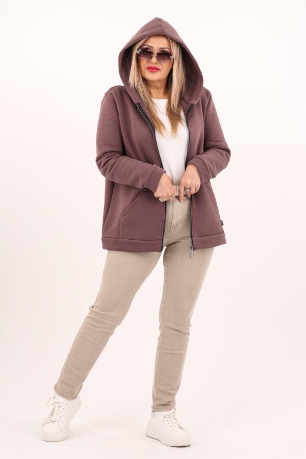 Bluza dla puszystych kobiet plus size rozpinana z kapturem brązowa